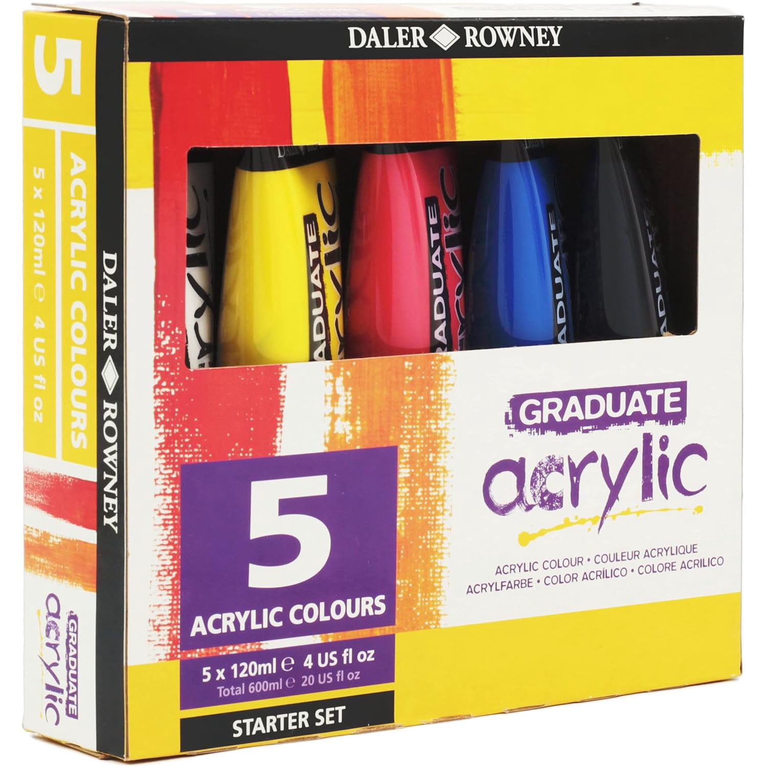 Daler-Rowney Graduate Acrylic Paint Starter Set, Assorted Colors, 120ml, 5 Pieces