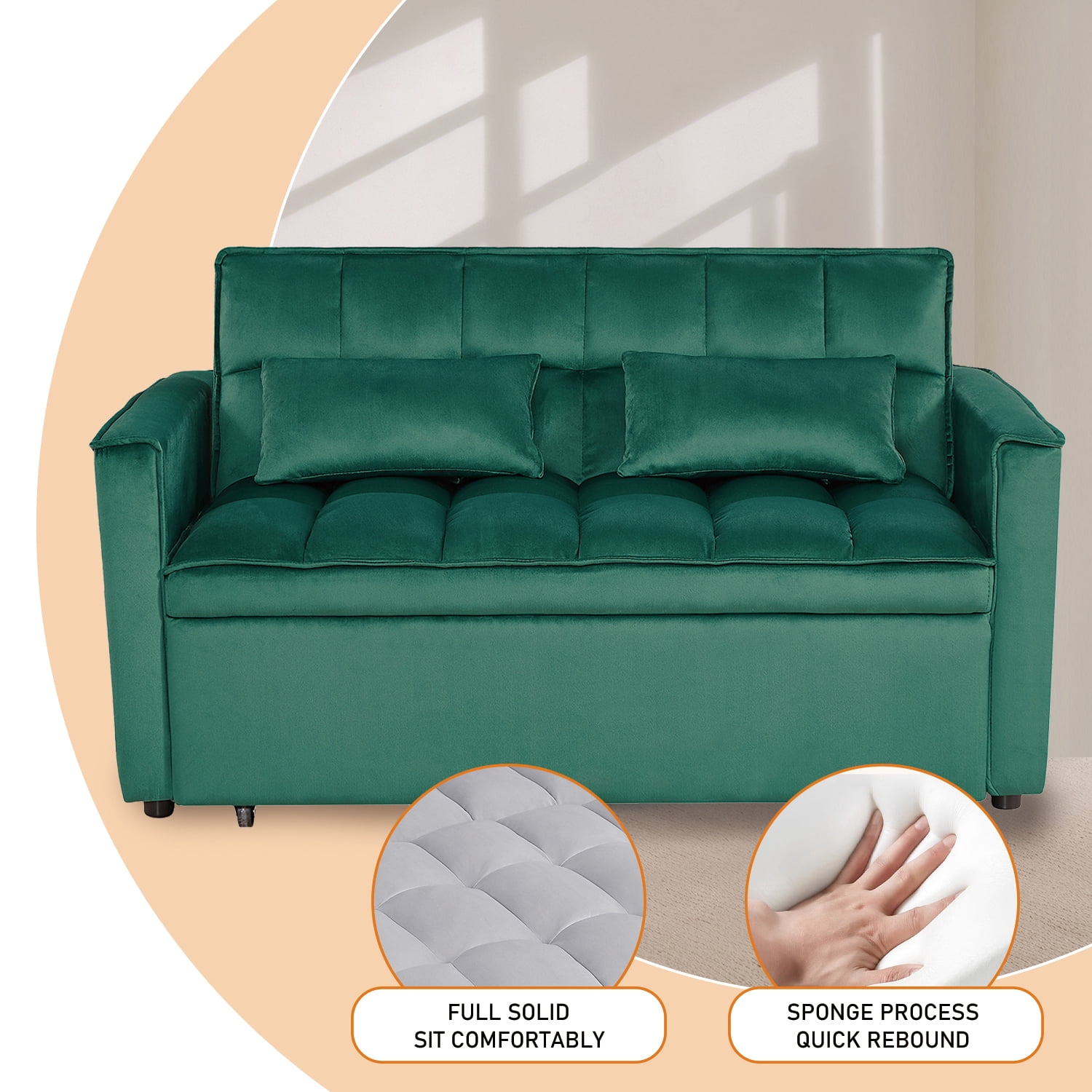 3-IN-1 Convertible Sofa Bed | Compact 2-seater sofa bed | 53.5-inch Velvet Fabric Sofa | Suitable for apartments, small flats, motorhomes, children's rooms, client reception areas, office rest areas,