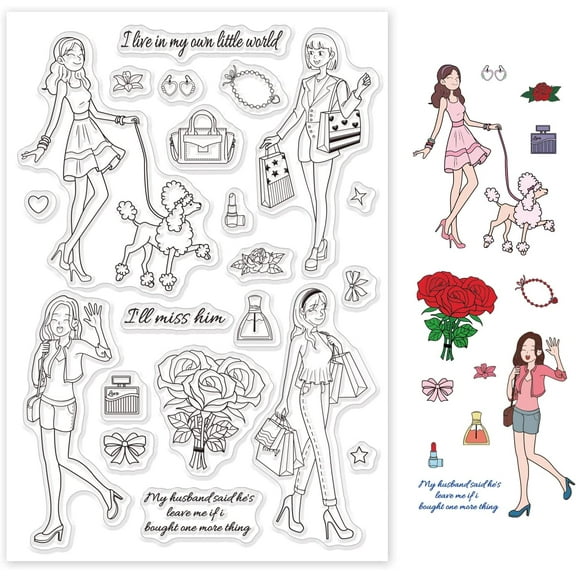 Shopping Lady Silicone Clear Stamps Transparent Stamps for Birthday Easter Valentine's Day Cards Making DIY Scrapbooking Photo Album Decoration Paper Craft Material Plastic