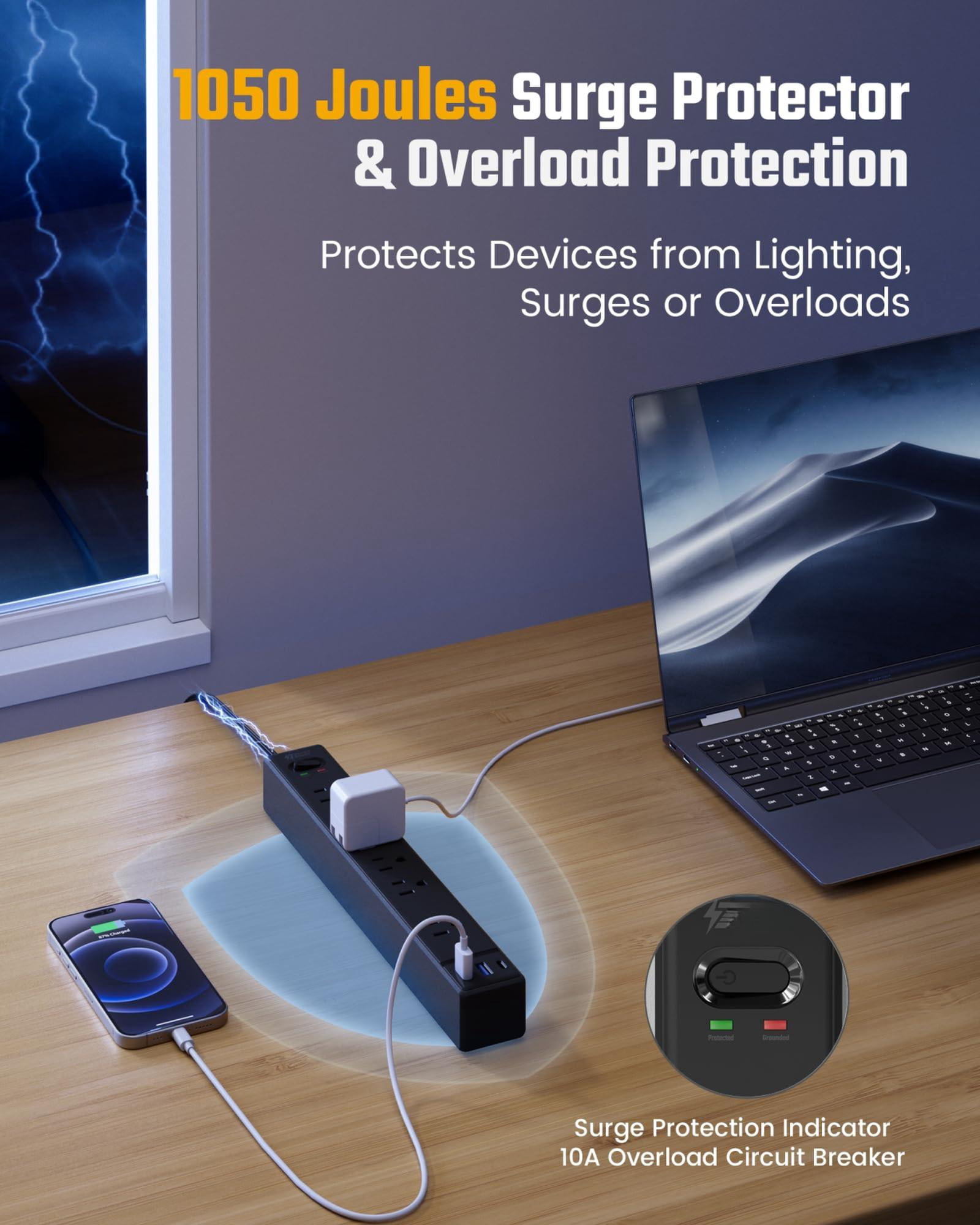 Black Long Extension Cord 20ft  Flat Plug Surge Protector Power Strip With 6 Outlets & 3 Usb Ports Bar For Home Office Dorm Room