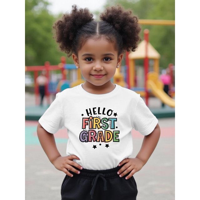 Camiseta de algodón para niña "Hola Primer Grado": manga corta, cuello redondo, top informal de verano con estampado de letras divertidas, ideal para jugar al aire libre y la escuela, moda infantil