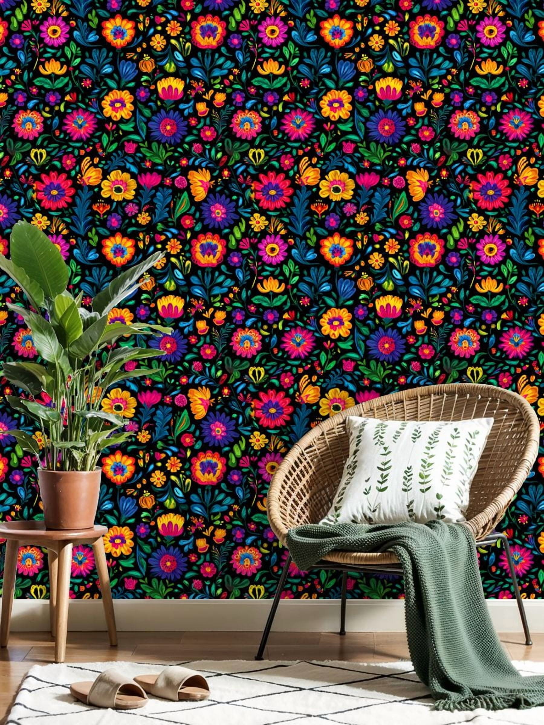 Mexican Peel and Stick Wallpaper Colorful Floral Vibrant Flowers Leaves Black Wall Mural 23.6in x 9.8ft Self Adhesive Removable Wall Paper Renter Friendly Wallpaper for Nursery Bedroom Cabinets