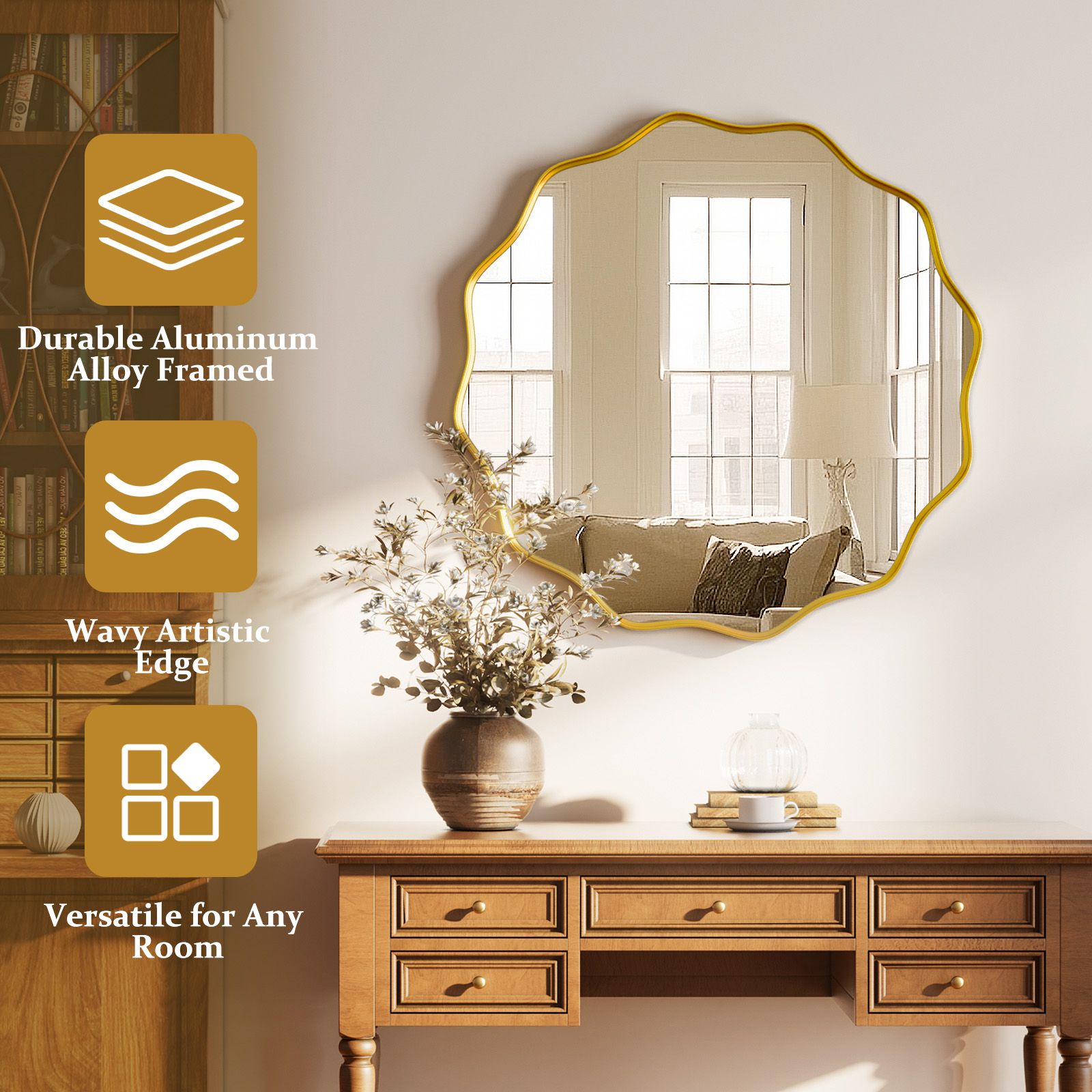 BEAUTYPEAK 24 in Wavy Round Bathroom Mirror, Gold photo 6