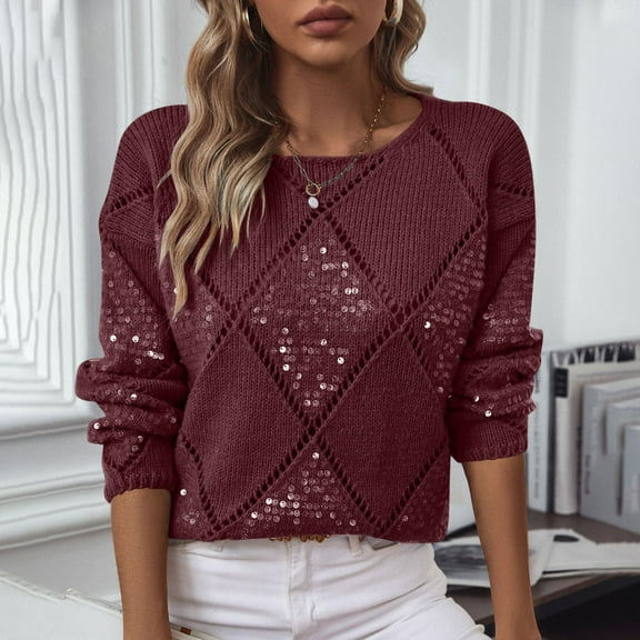 Fznquz Sweaters for Women Trendy Pullover Dressy Casual Cotton Sweater Red Long Sleeve Sequin Knitted Soft Winter Clothes for Women