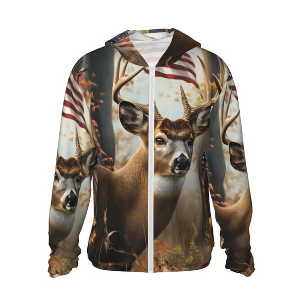 Fotbe American Wildlife Deer Forest Chaqueta con Protección Solar UPF 50+ para Hombre y Mujer, Camisa con Capucha y Bolsillos-Medium