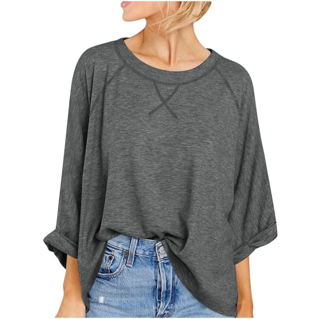 MeetoTime T-Shirt Surdimensionné à Manches 3/4 pour Femmes Pull Tendance Décontracté Col Rond Enroulable 2024