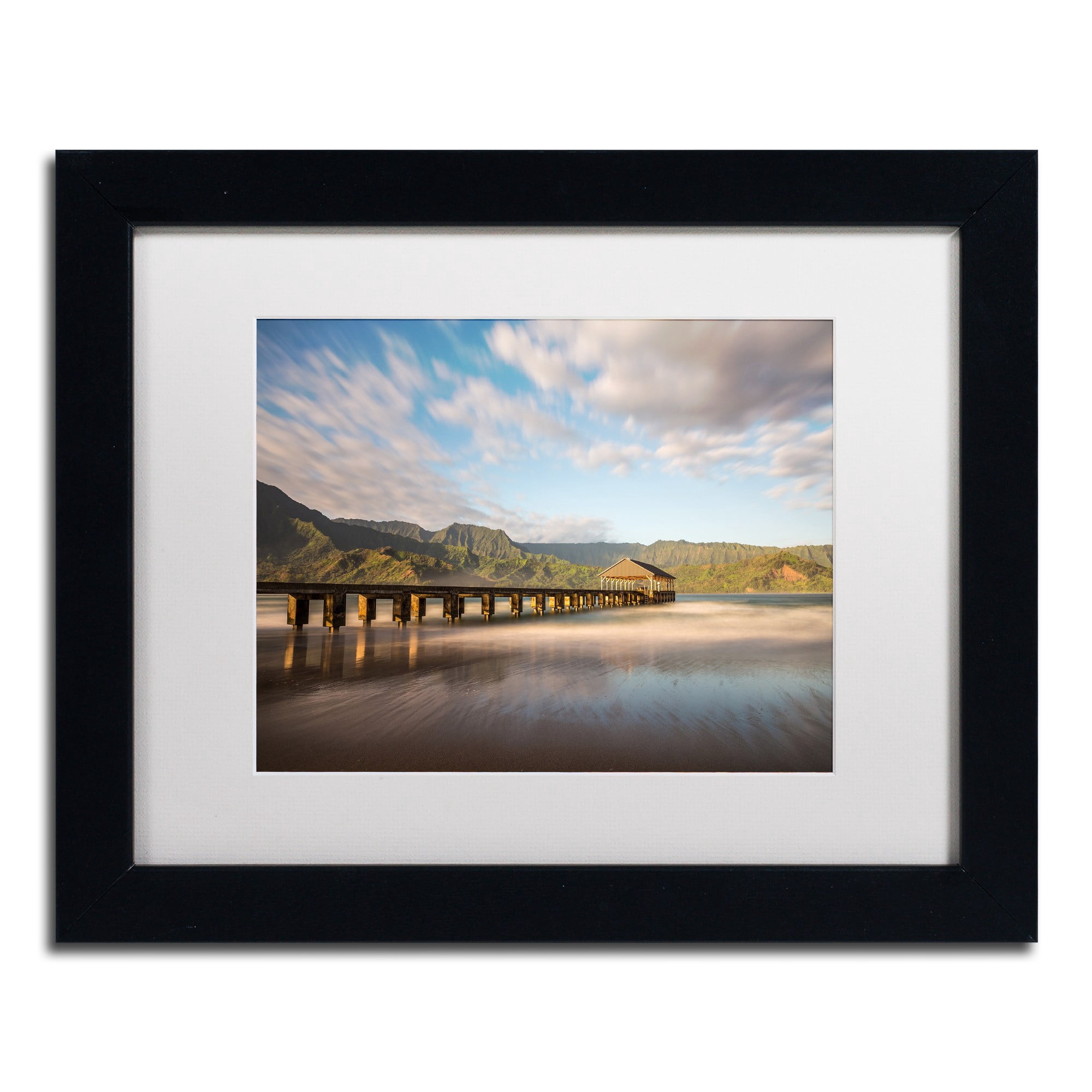 Trademark Fine Art 'Hanalei Bay Pier' Canvas Art by Pierre Leclerc, White Matte, Black Frame