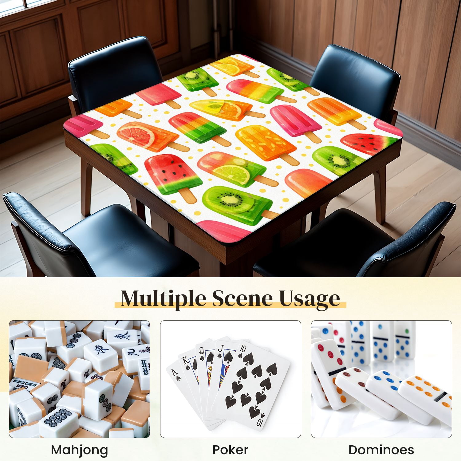 Mahjong Mat 31.5" x 31.5" Colorful Popsicle Fruit Flavors White Anti-Slip and Noise Reduction Symmetry Design Mahjong Tiles Table Cover for Dominoes Poker Card Board and Tile Games