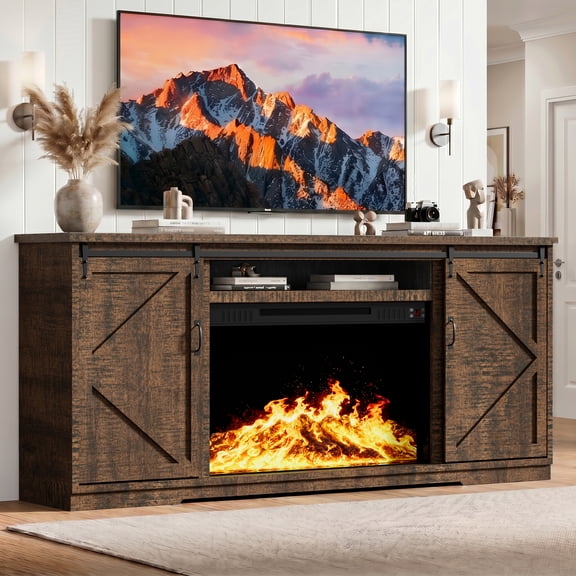 YOKWOK 70" Fireplace TV Stand with 23.6" Electric Fireplace, Farmhouse Rustic Wooden Entertainment Center for TVs up to 75" with Storage and Remote, Sliding Barn Door Design, Brown