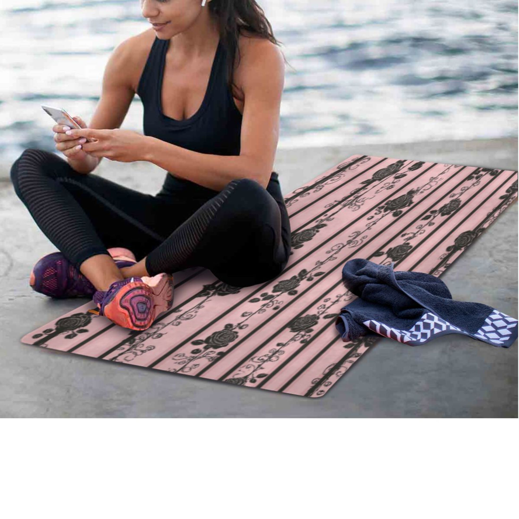 BZSMCE Yoga Mat Women Fitness Mat Gothic Pink Rose Stripes Pattern