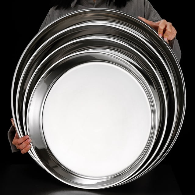 Bandeja grande de acero inoxidable para pasteles, plato hondo de metal, juego de platos para la cena, bandeja redonda plana y gruesa de acero, platos de carga, platos para servir plateados