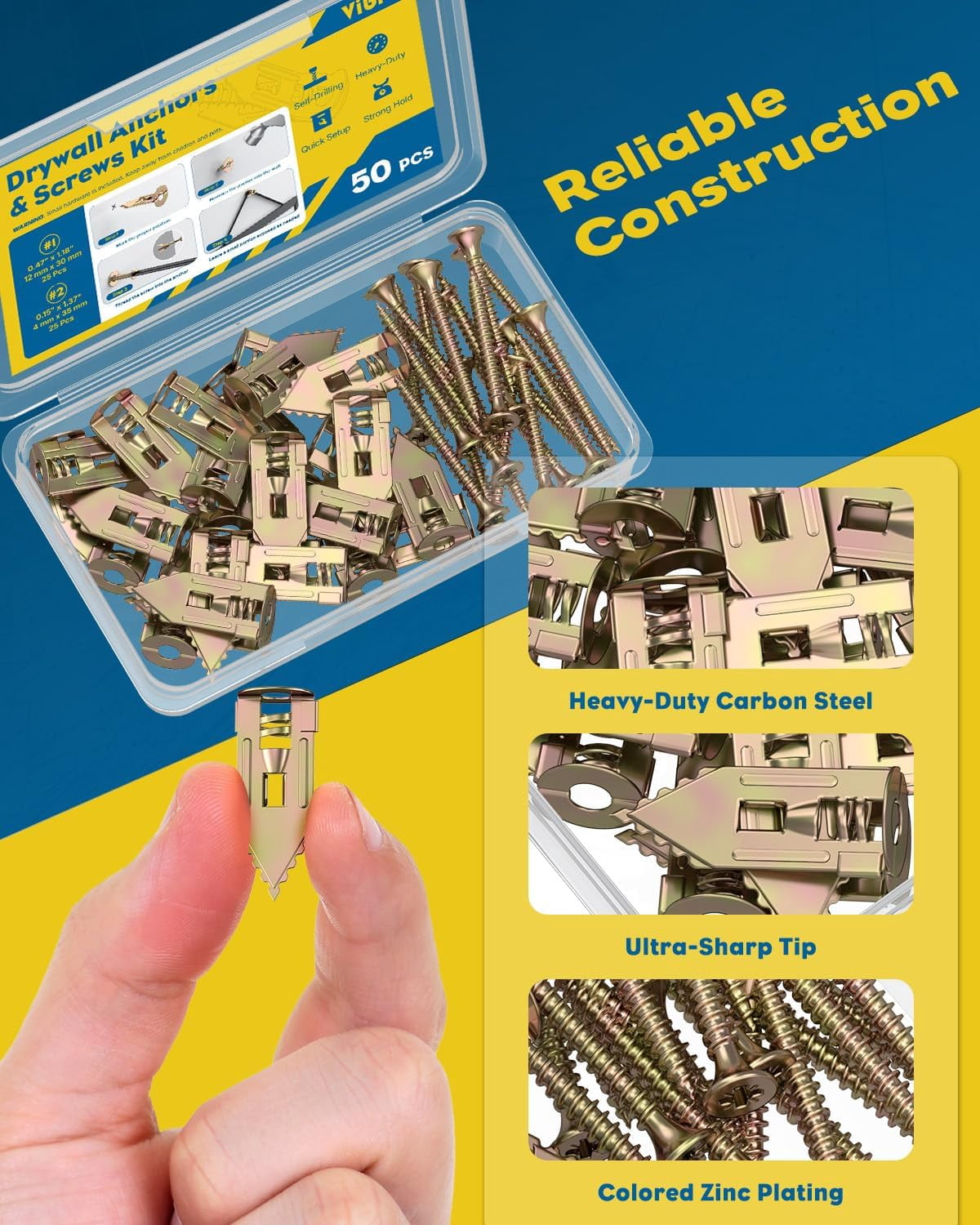 Self Drilling Drywall Anchors, Heavy Duty Wall Anchors for Drywall, Metal Dry Wall Anchors and Screws Kit, Carbon Steel Sheetrock Anchors with #6 x 1 3/8" Screws, Picture Hanging Kit, 50 Pcs