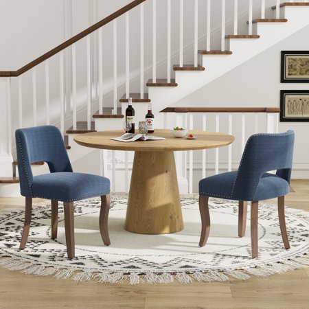 KATBOC 43in Round Dining Table and 2 Chairs Set Modern Minimalist Farmhouse Style with Upholstered Chairs MDF Grain Table for Kitchen Dining Room Brown&Blue