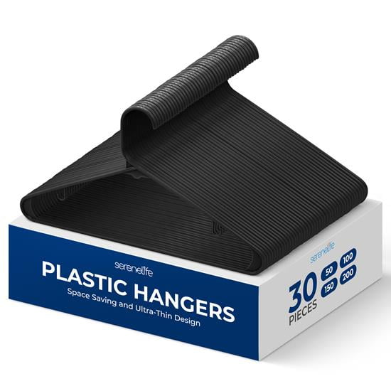 SereneLife 30 Pieces Plastic Hangers - Space Saving, Heavy Duty, Slim, Clothes Hanger Set, Ideal for Laundy/Daily Use, Can Hold Up to 5.5 Lbs. for Coats, Jackets, Pants & Dress (Black)