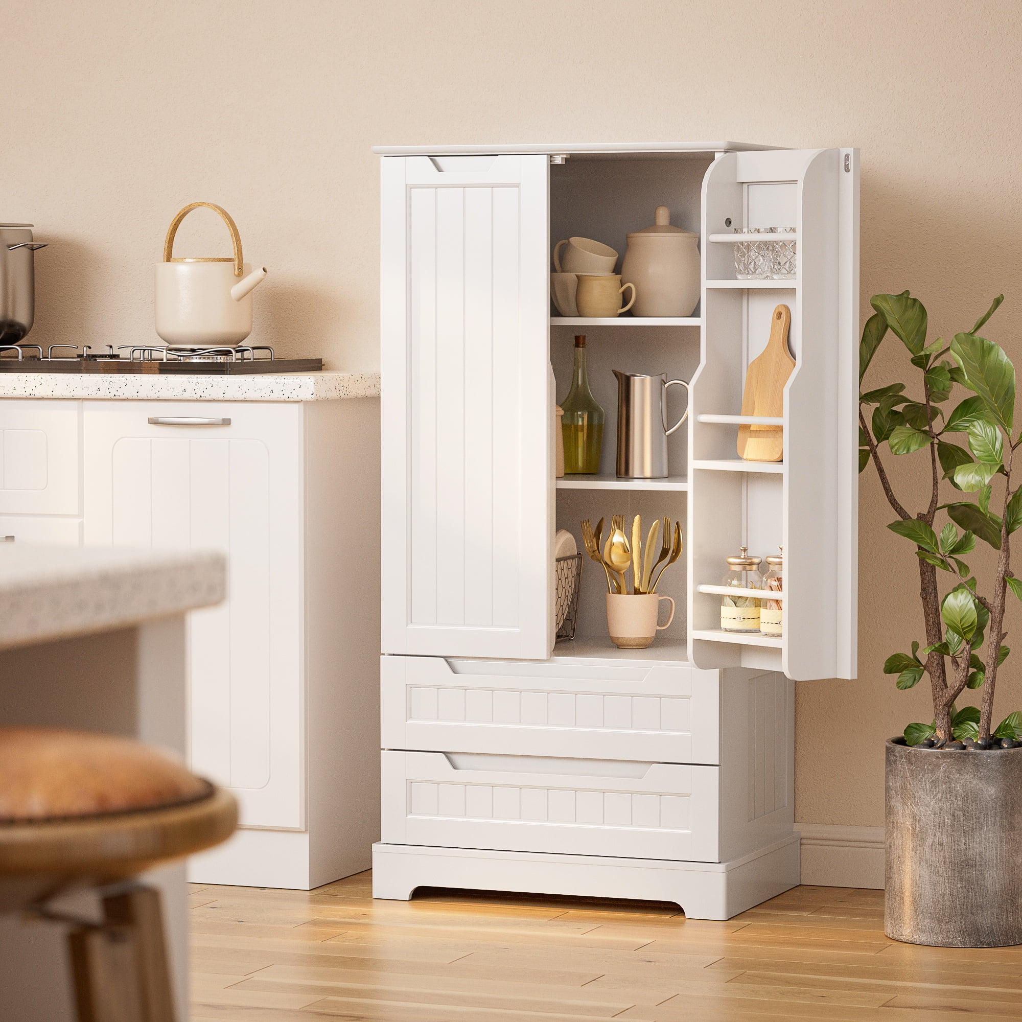 47" H Kitchen Pantry Cabinet with 2 Doors, 2 Drawers and 8 Shelves, Solid Wood Storage Cabinet in White