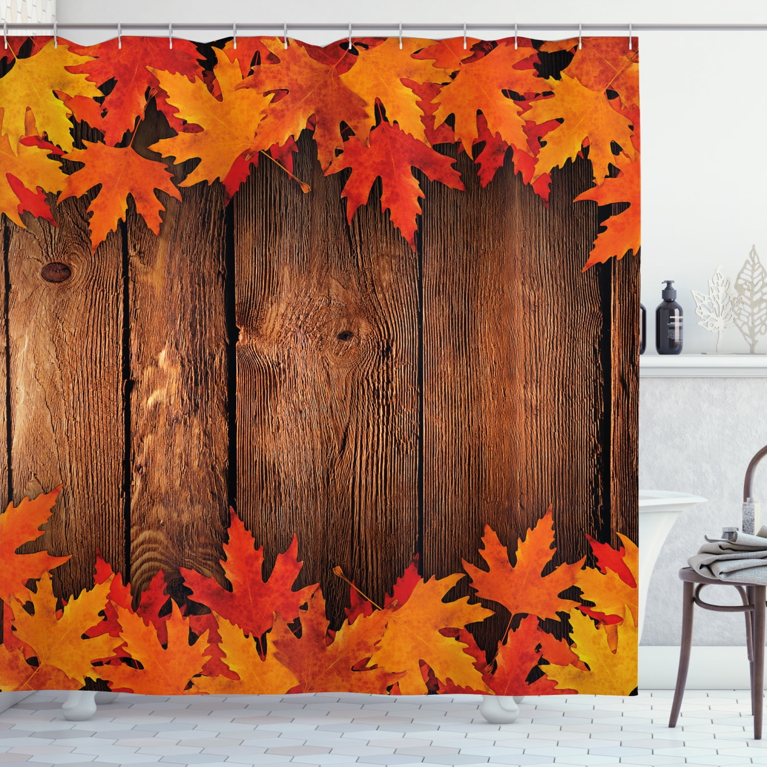 Rustic Farm Wooden Tree Autumn Maple Leaf Shower Curtain Fall Bathroom Decorate 