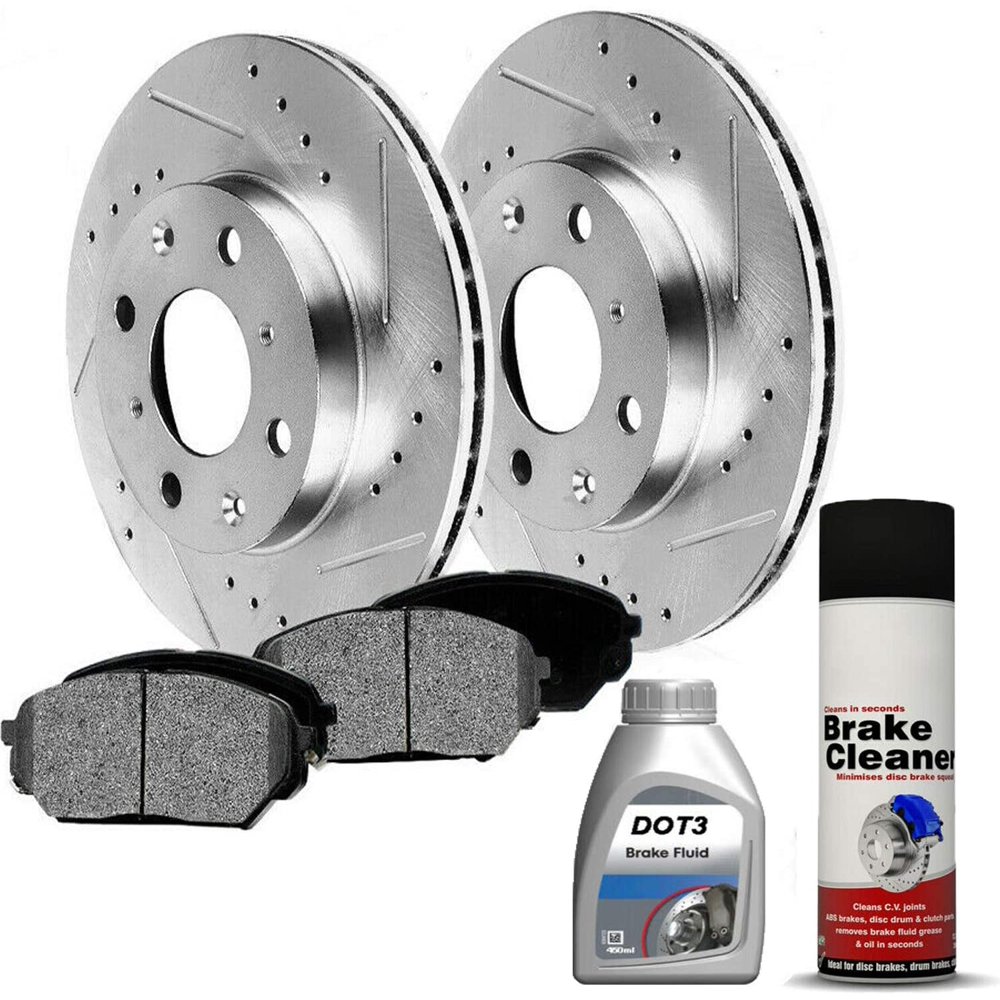 Front Drilled & Slotted Brake Rotors & Ceramic Brake Pads w/Cleaner & Fluid Fit 20052010 Chevy