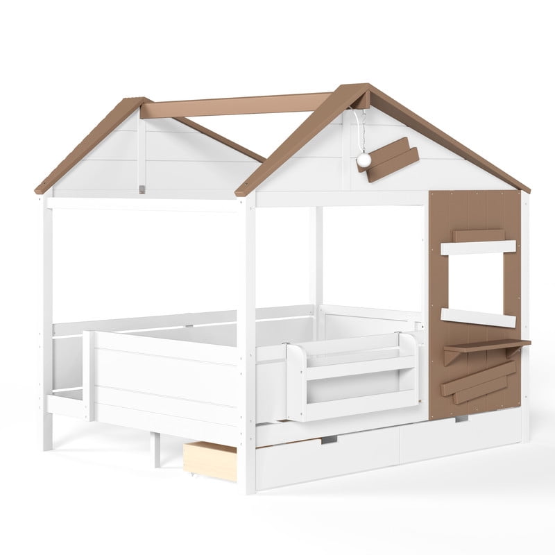 Full House-Shaped Kid's Bed with Built-in Bookshelf & Light Bulb, Wooden Platform Bed Frame with 2 Drawers & 5 Round Hooks