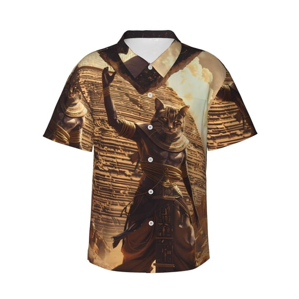 Fotbe Egyptian Cat Pharaoh Magic Camisa Hawaiana para Hombre Unisex – Camisa Casual de Verano con Botones de Manga Corta de Algodón y Lino,Large