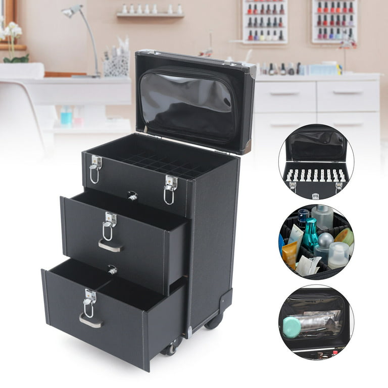 OUKANING 3-Tier Rolling Makeup Case Nail Polish Storage Box