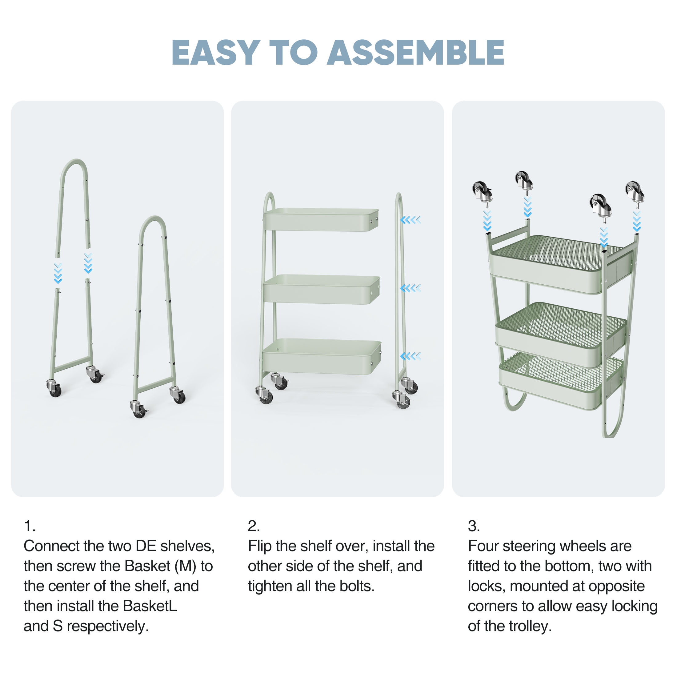 GIANNA 3 - Tier Utility Cart with Wheels, Mobile Shelving Metal Organizer Trolley Rolling Storage Shelves Unit Caster for Snack Narrow Places, Green