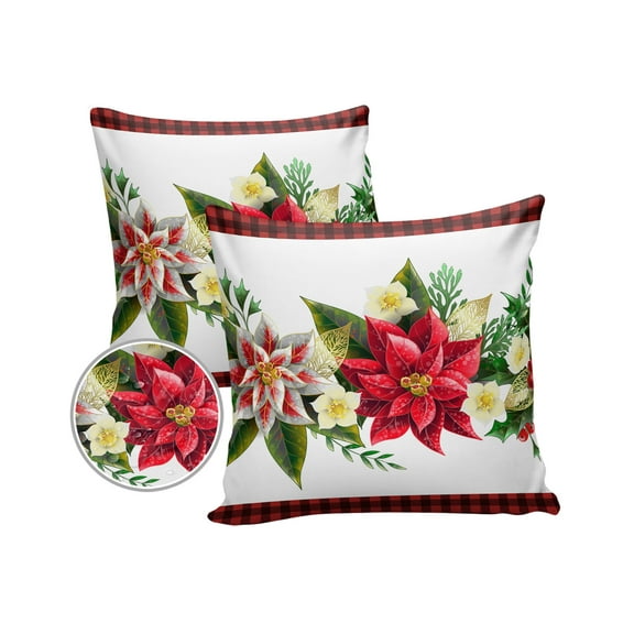 Pack of 2 Outdoor Pillow Covers, Christmas Poinsettia Floral White Waterproof Square Throw Pillowcase Cushion Decorative Pillow Covers for Couch Patio Tent, 20x20 in