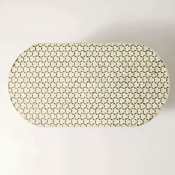 Oval Bone Inlay Coffee Table – Cream and Taupe Star Pattern, Handmade Neutral Accent Table