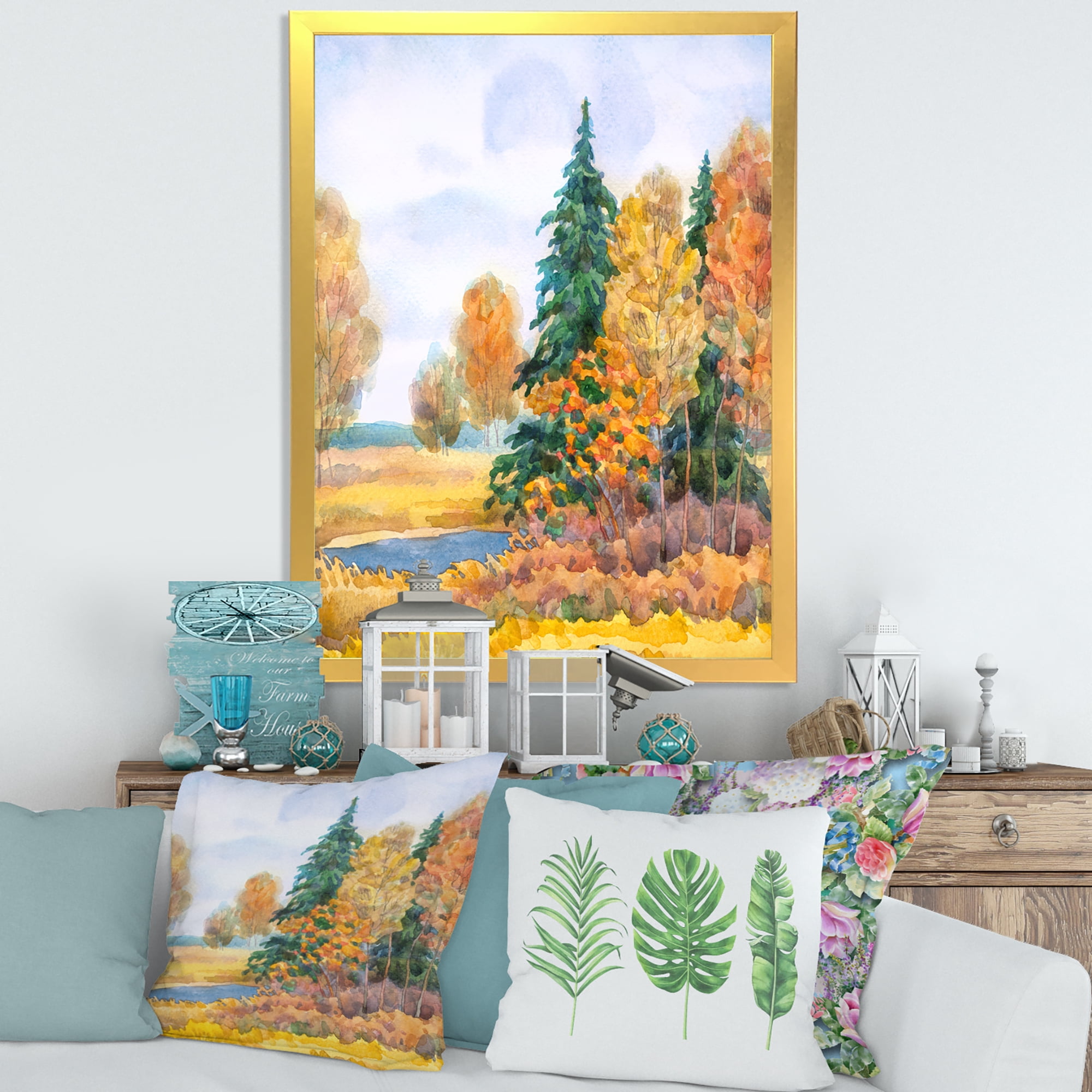 Designart 'Autumn Forest By The Lake Side V' Lake House Framed Art Print