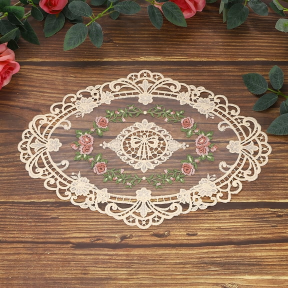 2 Pcs Lace Placemats, 15x5.9Inches Vintage Table Doilies Oval Embroidered Crochet Lace Dolly Cup Mat for Table Vase Home Decor, Apricot