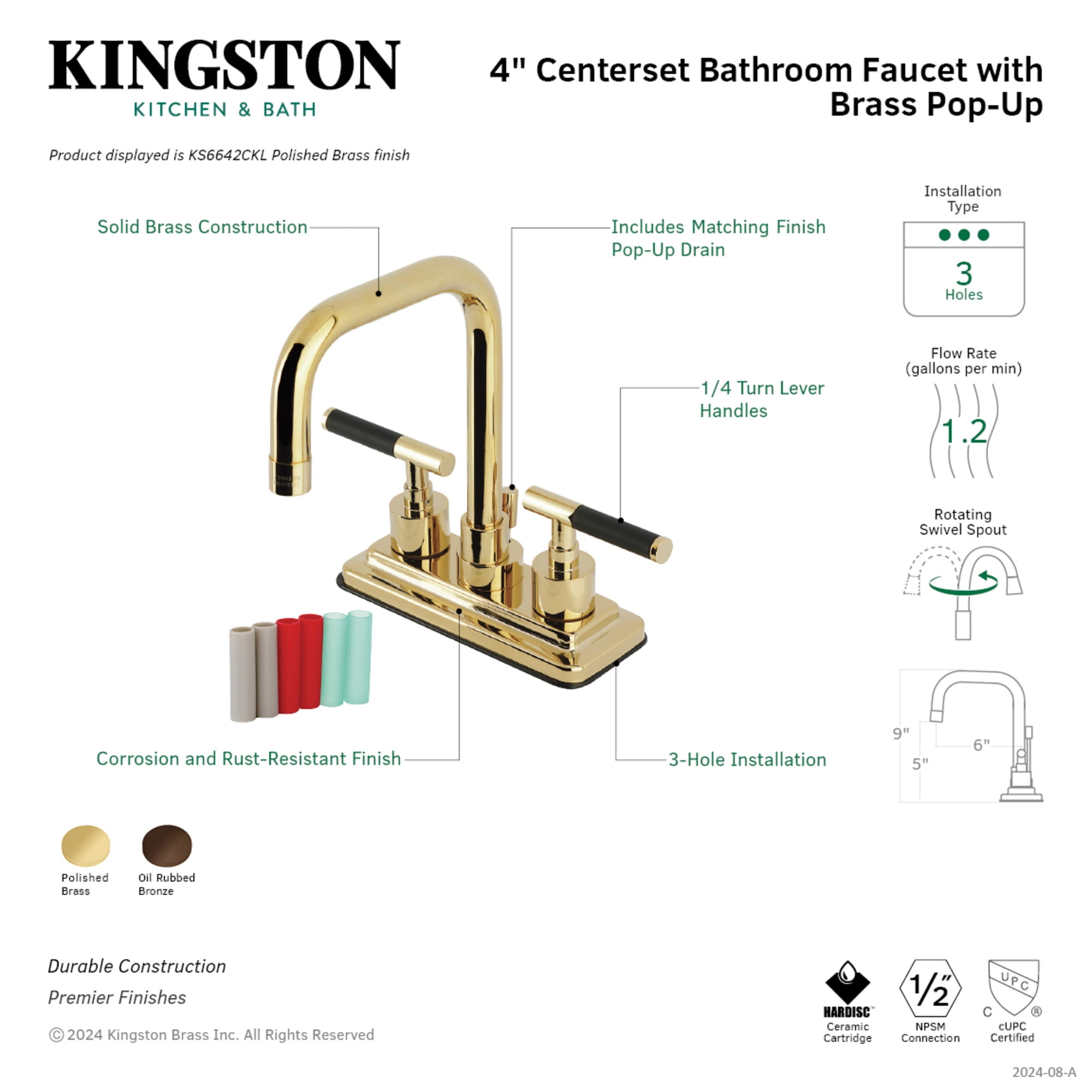 Kingston Brass KS6642CKL Double-Handle 3-Hole Deck Mount 4-Inch Centerset Bathroom Faucet with Brass Pop-Up in Polished Brass
