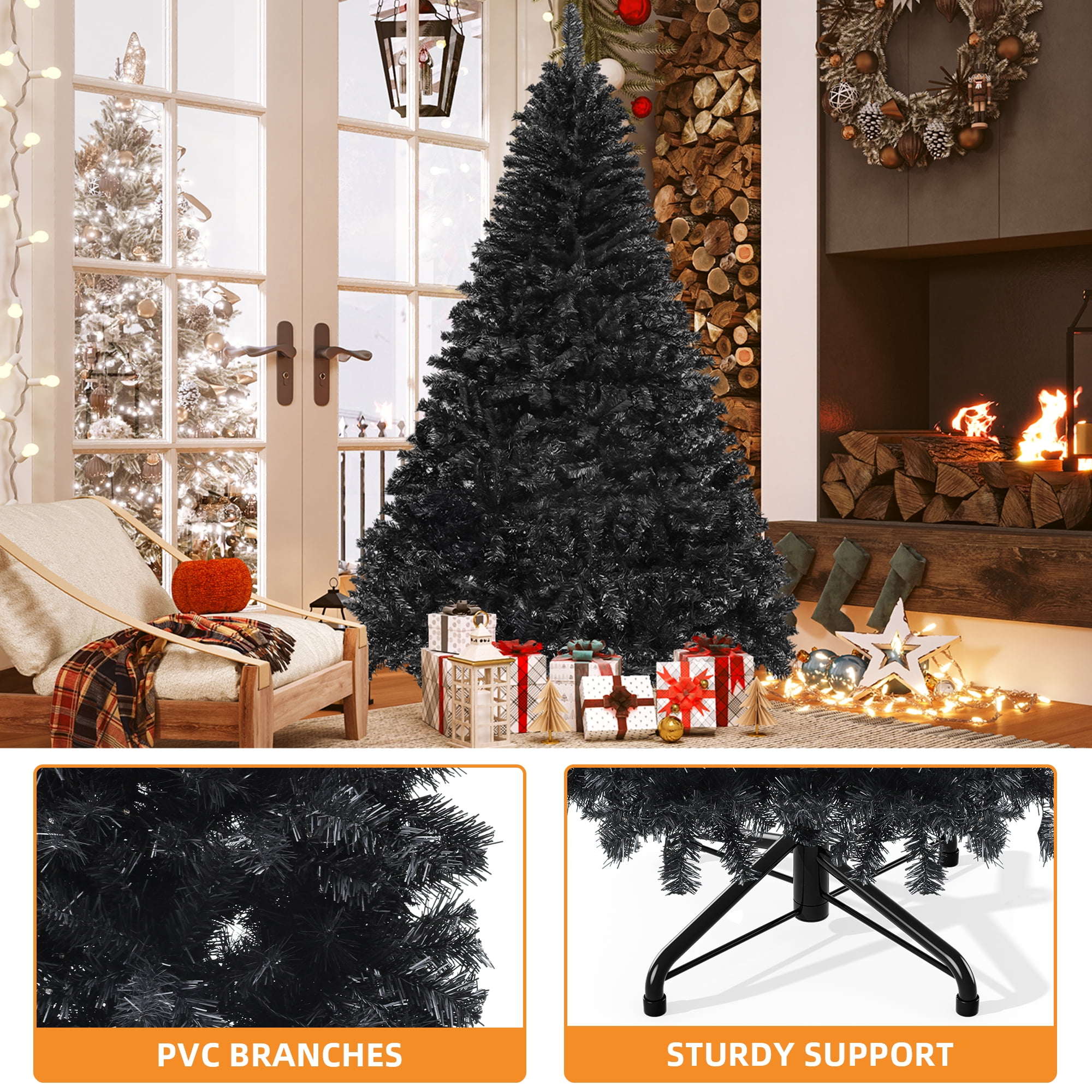 Uforic 7.5ft Premium Spruce Artificial Christmas Tree, Halloween Black Artificial Christmas Pine Tree with 1258 Branch Tips,Metal Hinges & Foldable Base, Black