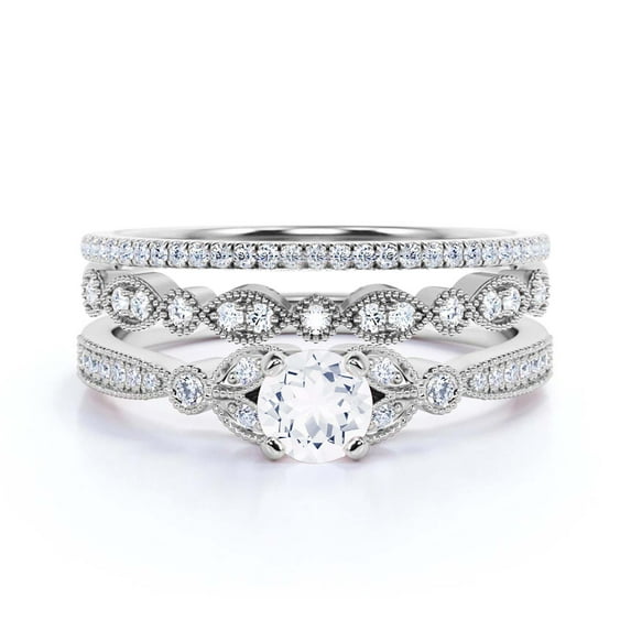 Trio Set 2.50 Carat Round Cut Diamond Moissanite Engagement Ring, Matching Wedding Band in 925 Sterling Silver With 18k White Gold Plating, Leaf Ring, Gift For her, Promise Ring, Anniversary Gift