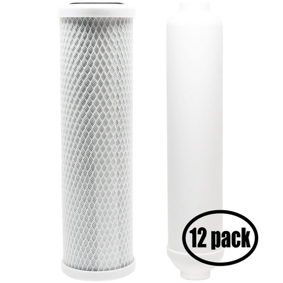 12-Pack Replacement for Filter Kit for Crystal Quest CQE-RO-00105 RO System - Includes Carbon Block Filter & Inline Filter Cartridge - Denali Pure Brand