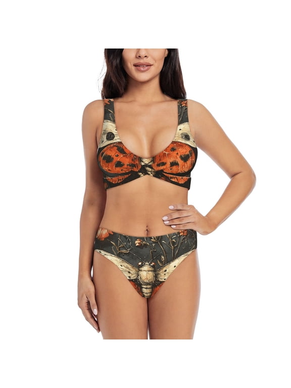 Women's Bikini Set Two Piece Swimsuit with U Back Bathing Suit, Moth Gothic Death Painting Watercolor