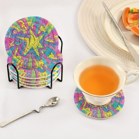 

Brightly Colored Star Set of 6 Durable Woven Polyester Coasters with Black Storage Rack 4in