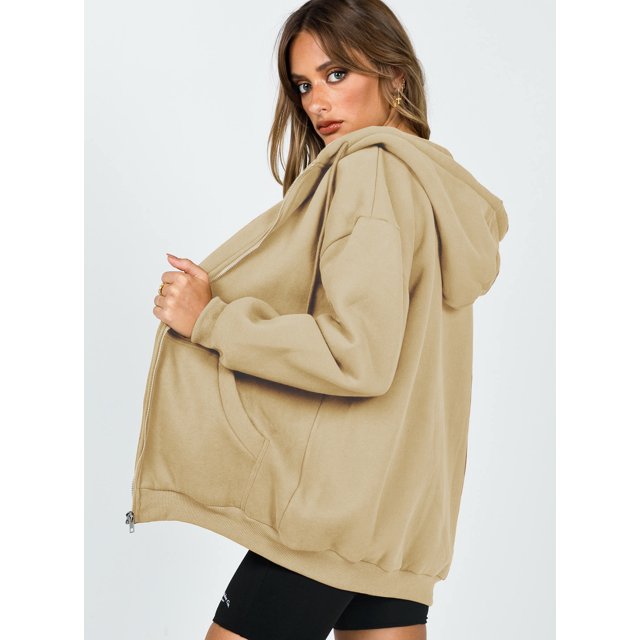 Kmbangi Women Loose Style Coat, Solid Color Zipper Open Front Hooded Jacket