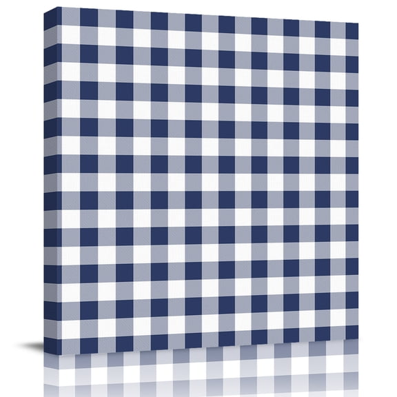 Wall Art Prints, Navy Blue White Plaid Framed Canvas Prints for Bedroom Living Room Bathroom Office, Farmhouse Checkered Buffalo Gallery Wrap Wall Art Poster for Gifts Home Decor 28"x28"