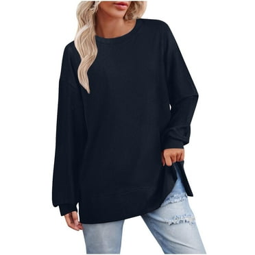 HAPIMO Women Oversized T-Shirt Casual Corduroy Pullover Long Sleeve Loose Tee Drop Shoulder Basic Tops Cotton Clearance Blue S
