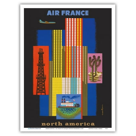 North America - France - Vintage Airline Travel Poster by Jacques Nathan-Garamond c.1958 - Master Art Print (Unframed) 9in x 12in