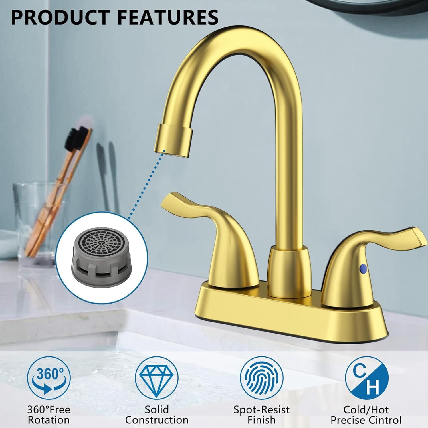 Bathroom Sink Faucet, 2 Handle Bathroom Faucet 4 Inch Centerset Bathroom Faucet 2 or 3 Hole Vanity Sink Faucet, Faucet Bathroom with Pop-up Drain and Supply Lines (Brushed Gold)