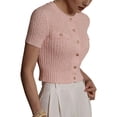 thumbnail image 2 of Women's Casual Summer Short Sleeve Cardigan Button Down Knitted Sweater Basic Crew Neck Crop Tops Pink L, 2 of 7
