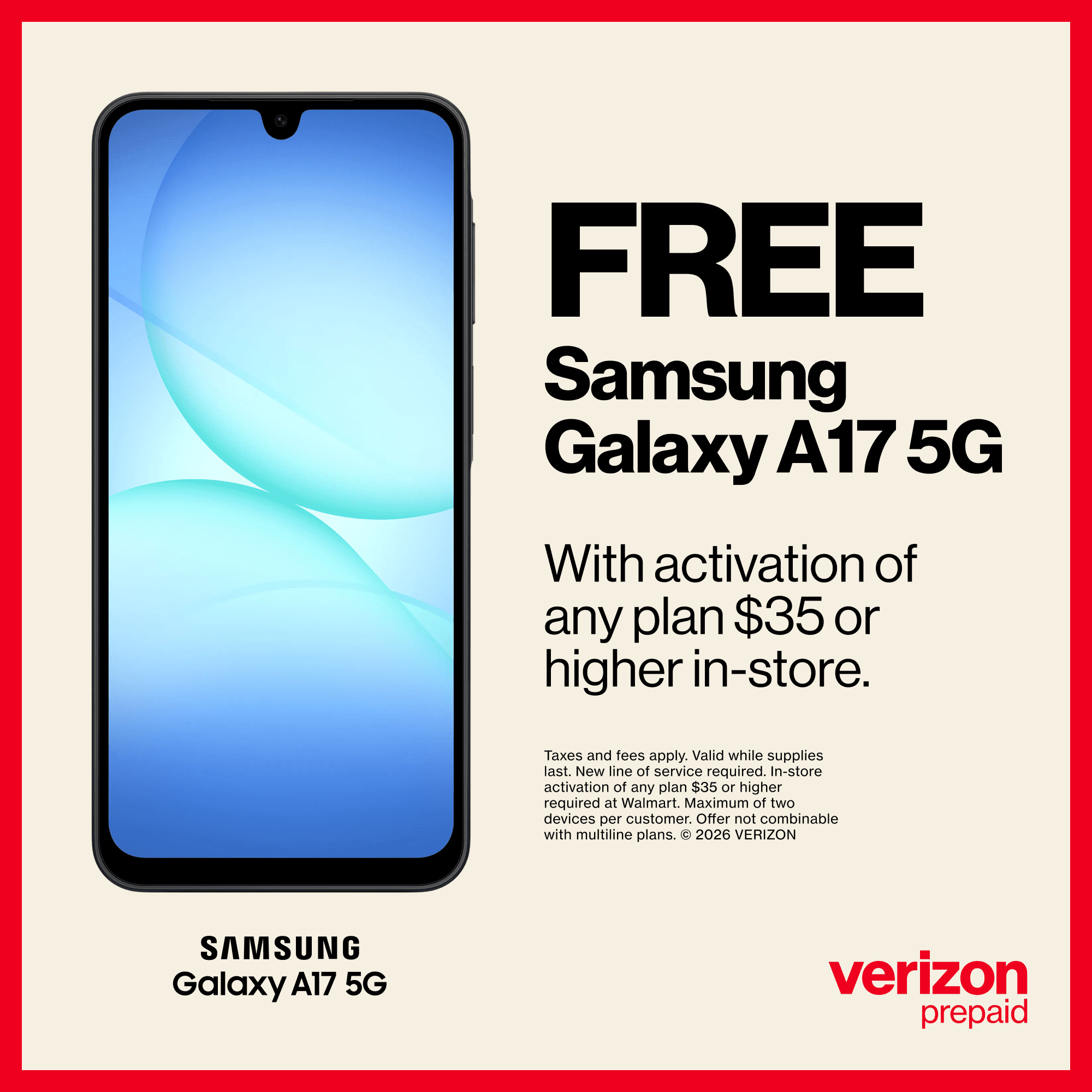 Verizon Prepaid Samsung Galaxy A17, 5G, 128GB, Black - Prepaid Smartphone [Locked to Verizon Prepaid]
