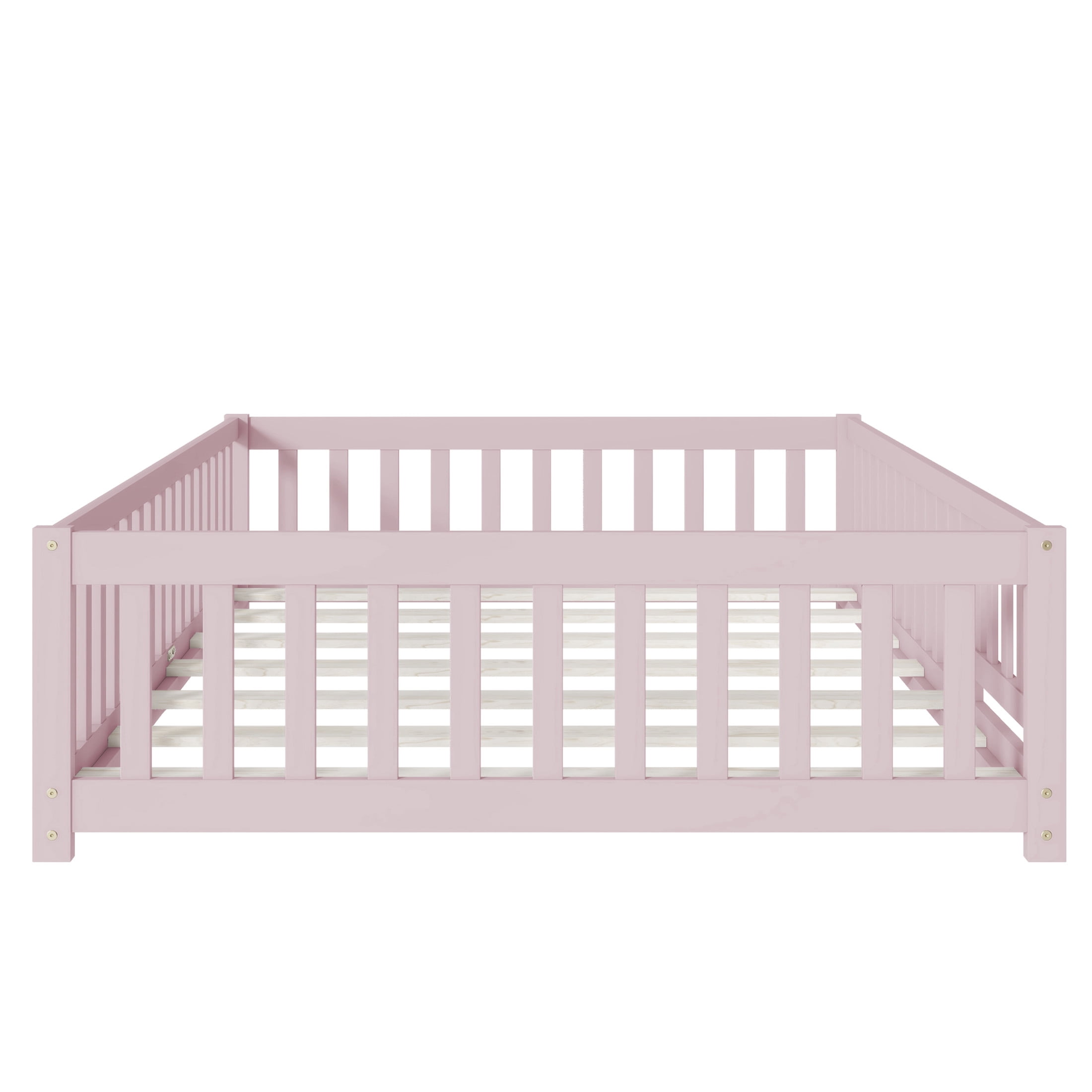 Noble House Mira Full Floor Bed with Fence and Door, Sturdy Rubber Wood Montessori Bed Frame, Kid's Room, Pink