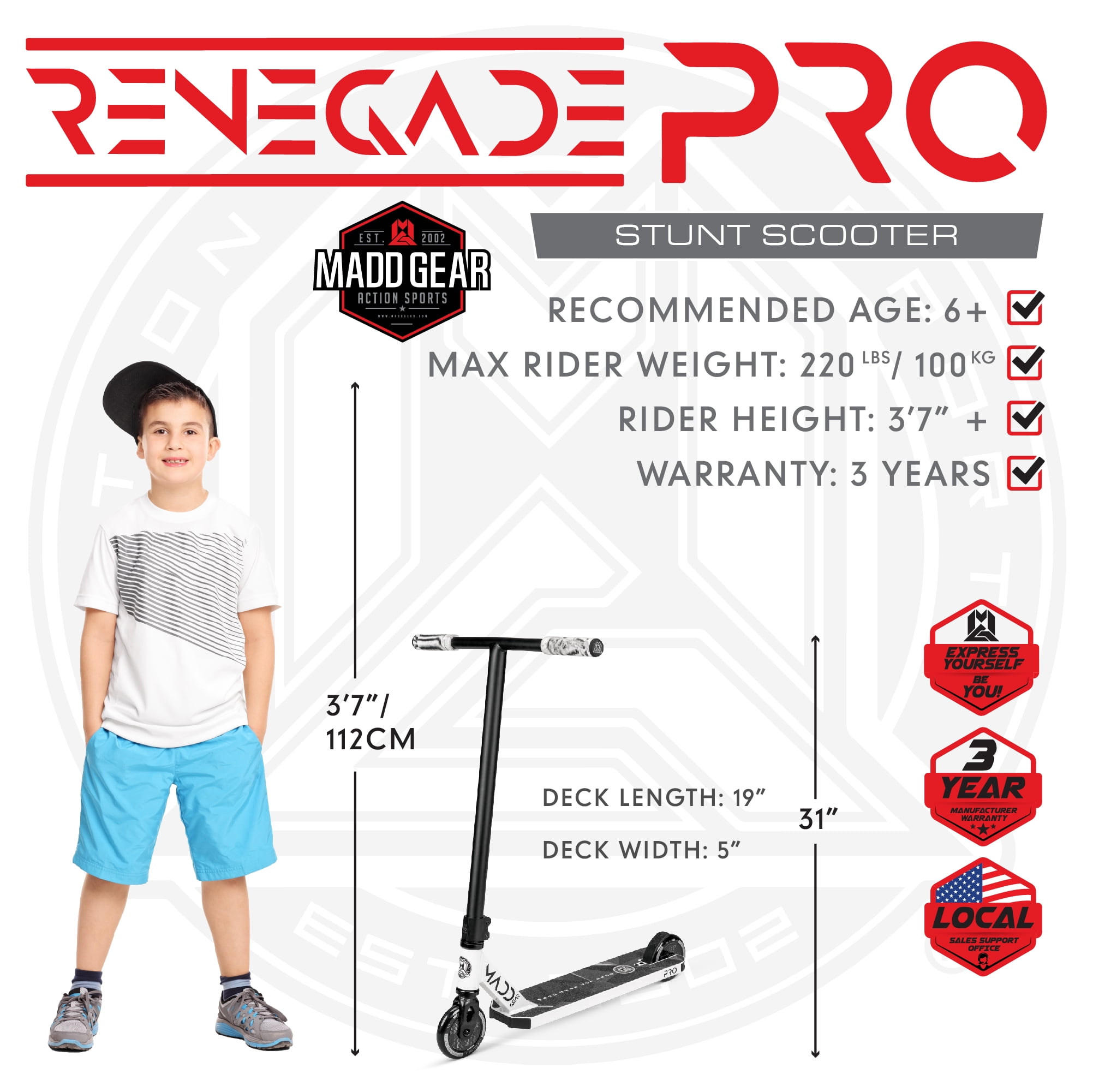 Madd Gear Renegade Pro Stunt Scooter 19.5" x 5" Pro Scooter - White/Black -Unisex