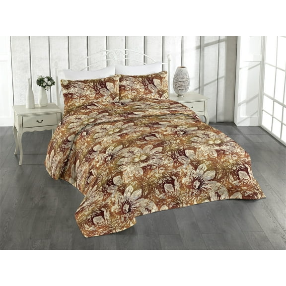 Ambesonne Floral Quilted Bedspread Set 3 Pcs, Grunge Sketches Sunset Tones, King, Burgundy and Amber