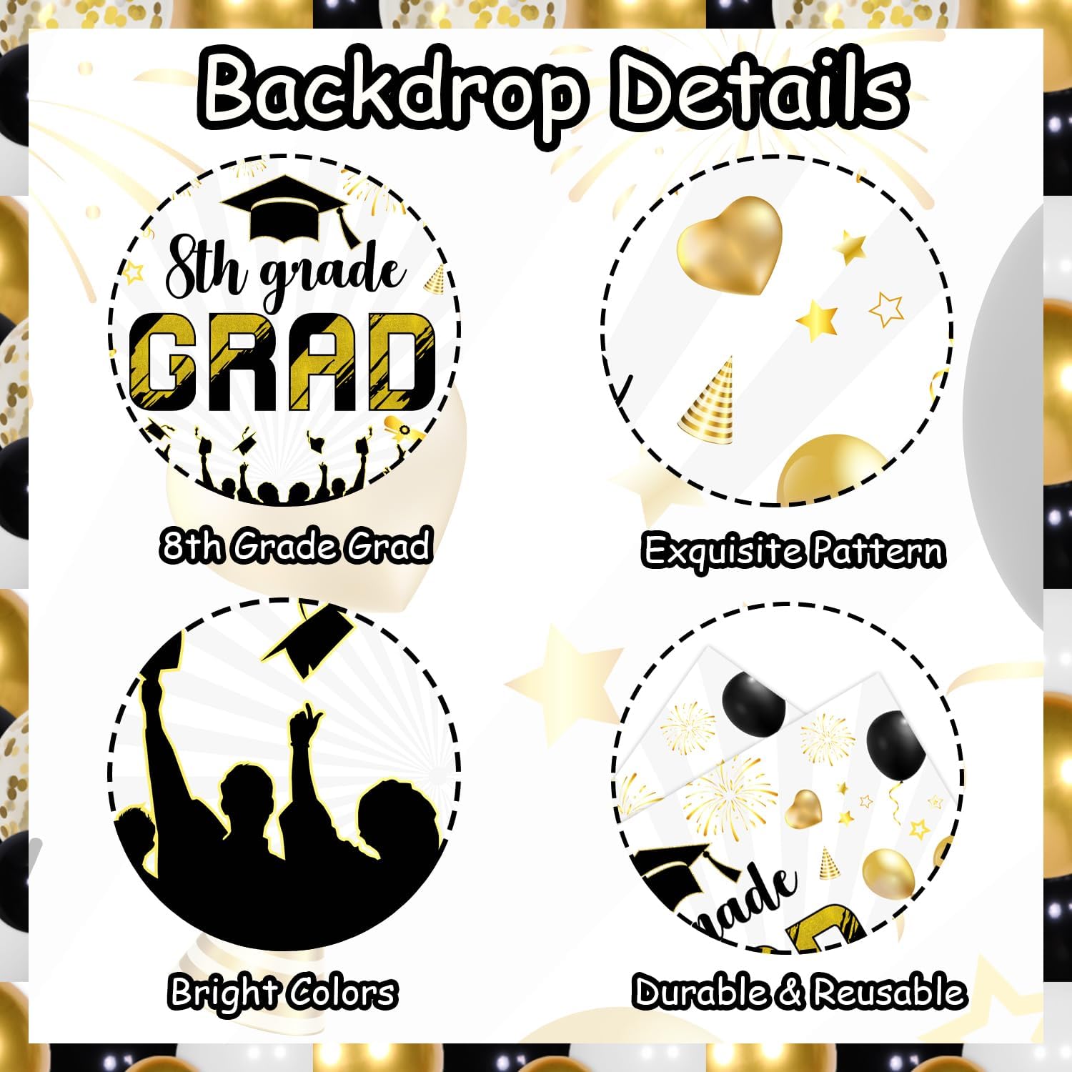 79Pcs Black Gold 8th Grade Graduation Decorations 2024 - 8th Grade Grad Backdrop Black Gold Balloon Garland Arch Kit for Boy Girl Kids Class of 2024 Eighth Grade Graduation Party Supplies