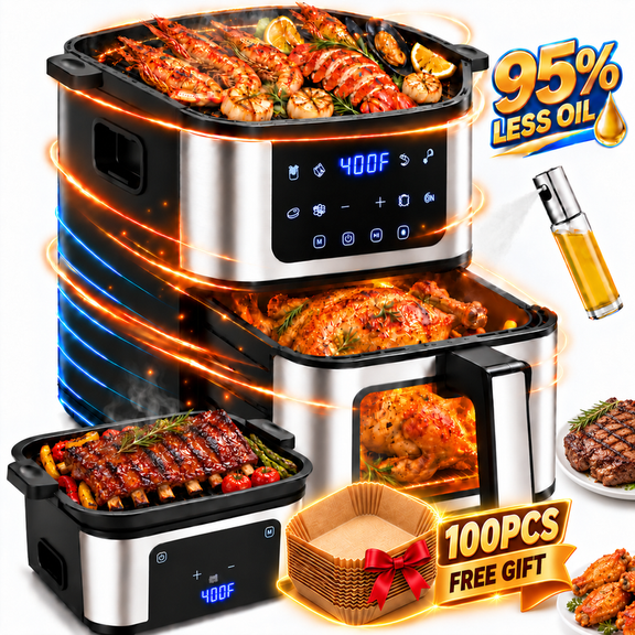 7.5QT Large Capacity Air Fryer with Grill, 8-in-1 Digital Air Fryer, Touch Screen, Viewing Window, Rapid Air Circulation, Nonstick Basket, Interior Light, 100 Liners Included