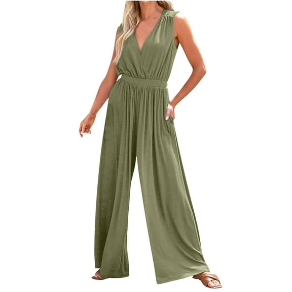 qolati Jumpsuits for Women 2024 Dressy Summer Sleeveless V Neck Tank Wide Leg Pants Overalls Outfits Casual Elastic Waisted Onesie Pleated Flowy Rompers