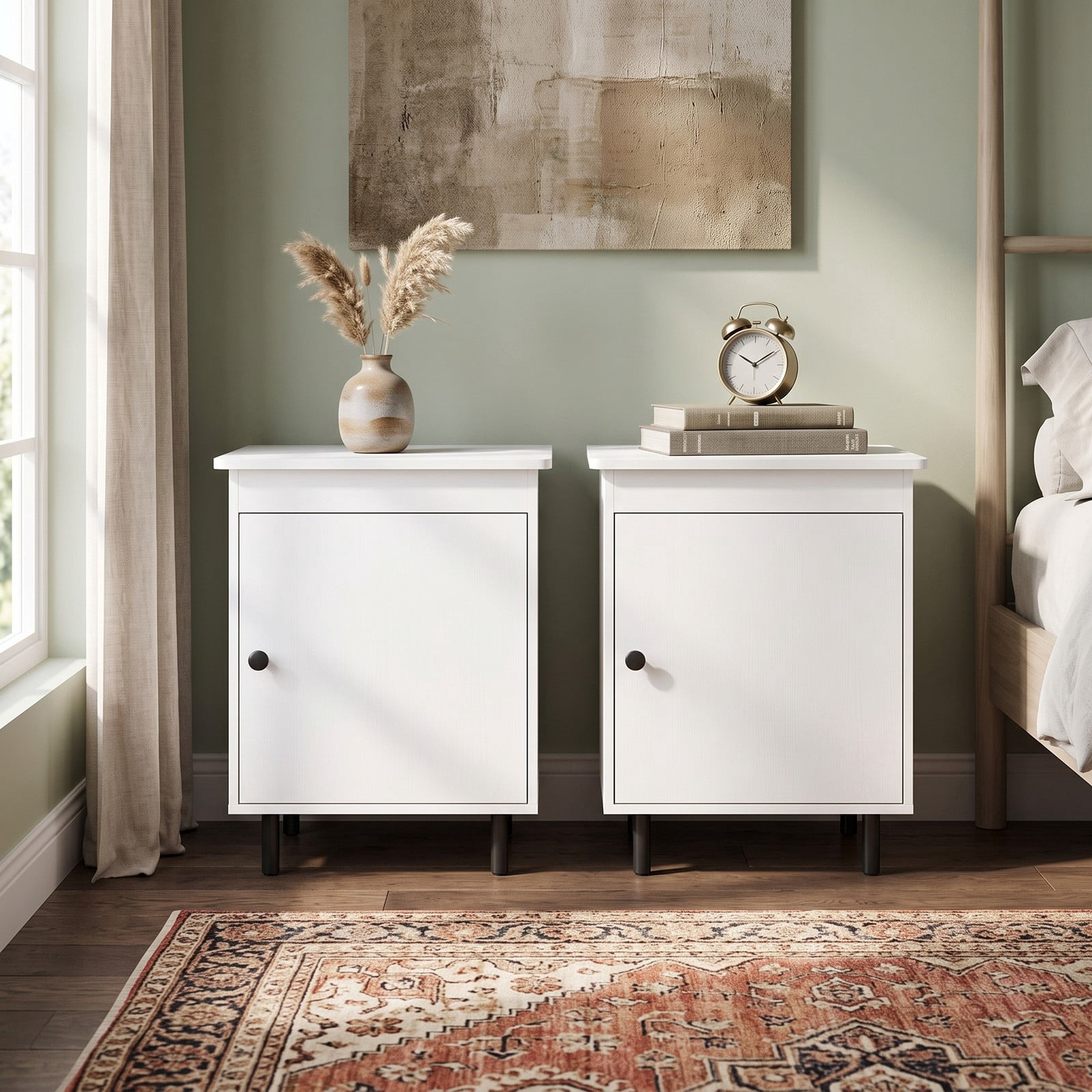 Furnibear Mid Century Nightstand Set of 2 with Enclosed Storage Cabinet and Open Top and Metal Legs for Bedroom and Living Room, White