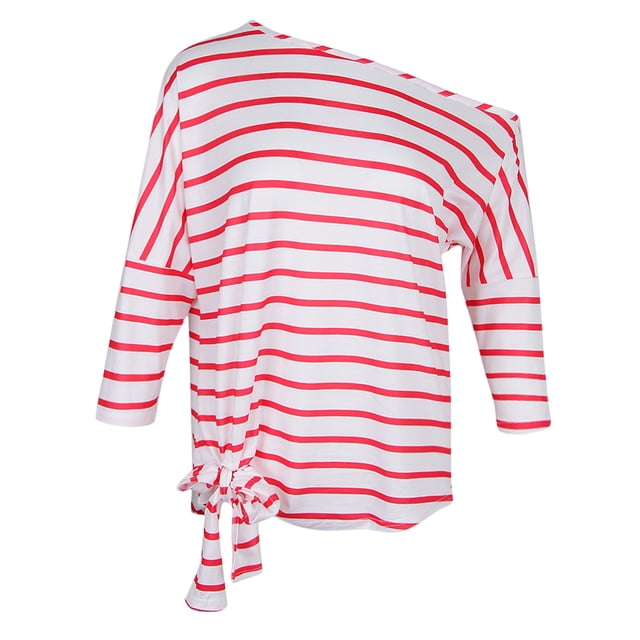 Camiseta de rayas cruzadas con hombros oblicuos casuales para mujer con manga de murciélago S rojo Sunnimix Blusas con hombros descubiertos